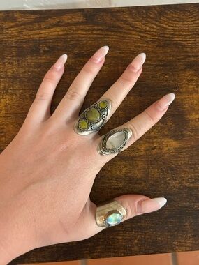 Bohemian Green Stone Silver-Tone Midi Ring Set